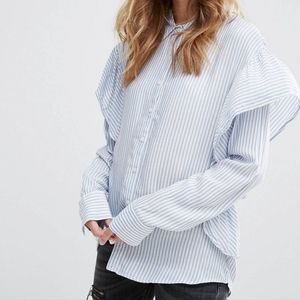 Pull&Bear Striped Ruffle Button Down Blouse - Medium